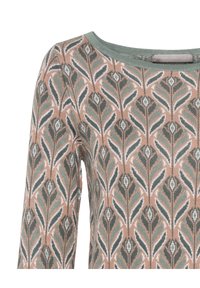 Dzianinowy top z długim rękawem z kwiatowym wzorem w ziemistych odcieniach terakoty, zieleni i bieli, z okrągłym dekoltem i ściągaczami na mankietach.