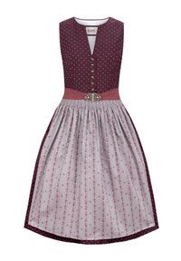 Traditional dress with a fitted burgundy bodice, polka dot pattern, a pink waistband, and a pleated grey skirt featuring floral stripes and a decorative buckle.