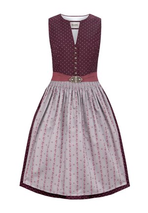 Traditional dress with a fitted burgundy bodice, polka dot pattern, a pink waistband, and a pleated grey skirt featuring floral stripes and a decorative buckle.