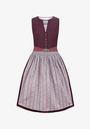 Traditionelles Kleid mit einer taillierten burgunderfarbenen Bluse, einem Punkte-Muster, einem rosa Taillenband und einem geplissierten grauen Rock mit floralen Streifen und einer dekorativen Schnalle.