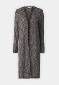 Cardigan longo de frente aberta em tecido texturado com uma mistura de riscas verticais em castanho, azul e creme. Apresenta mangas longas e um ajuste descontraído.