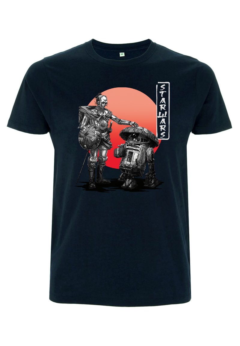 Navy t-shirt med en grafik av två robotar mot en röd cirkelbakgrund, med intrikata linjeteckningar och texten "STAR WARS".