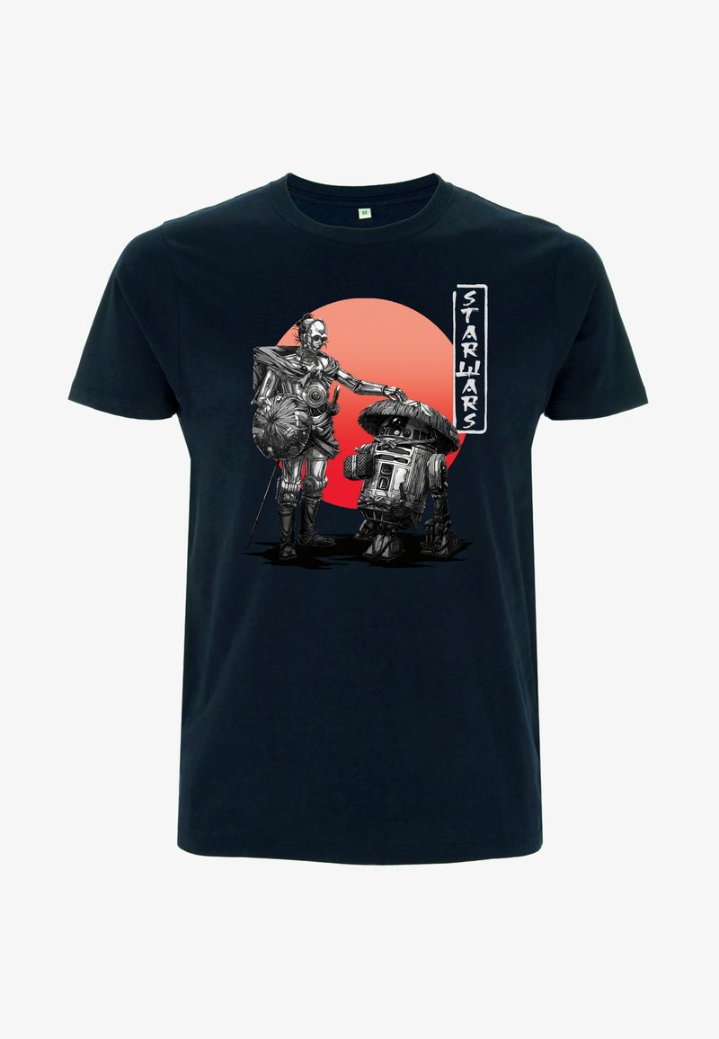 Navy t-shirt med en grafik av två robotar mot en röd cirkelbakgrund, med intrikata linjeteckningar och texten "STAR WARS".