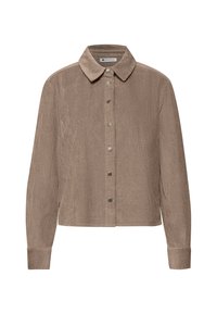 Veste en velours côtelé marron clair avec boutons-pression argentés sur le devant, manches longues et col pointu.