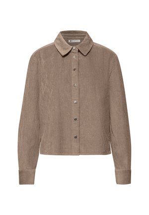 Lichtbruin corduroy jack met knopen, lange mouwen, puntkraag en zilveren drukknopen aan de voorkant.