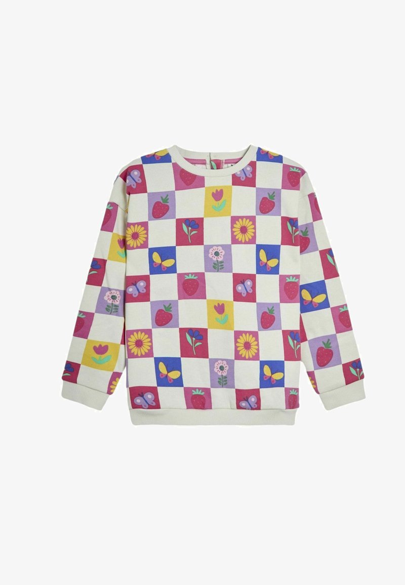 Felpa bianca con design a patchwork multicolore che presenta fragole, fiori e farfalle; collo rotondo e polsini a coste.
