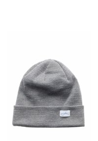 Gray knit beanie with a rolled cuff and a small white logo patch sewn on. Soft texture and form-fitting design suitable for cold weather.