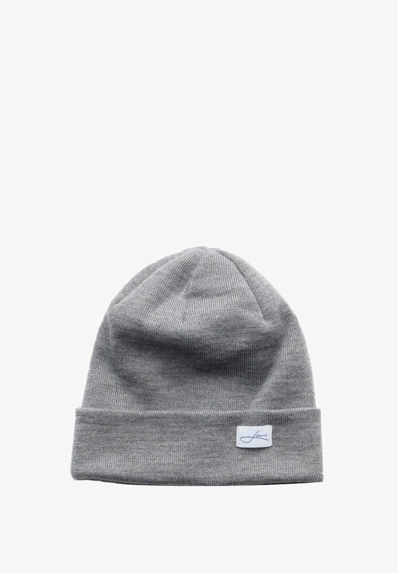 Gray knit beanie with a rolled cuff and a small white logo patch sewn on. Soft texture and form-fitting design suitable for cold weather.