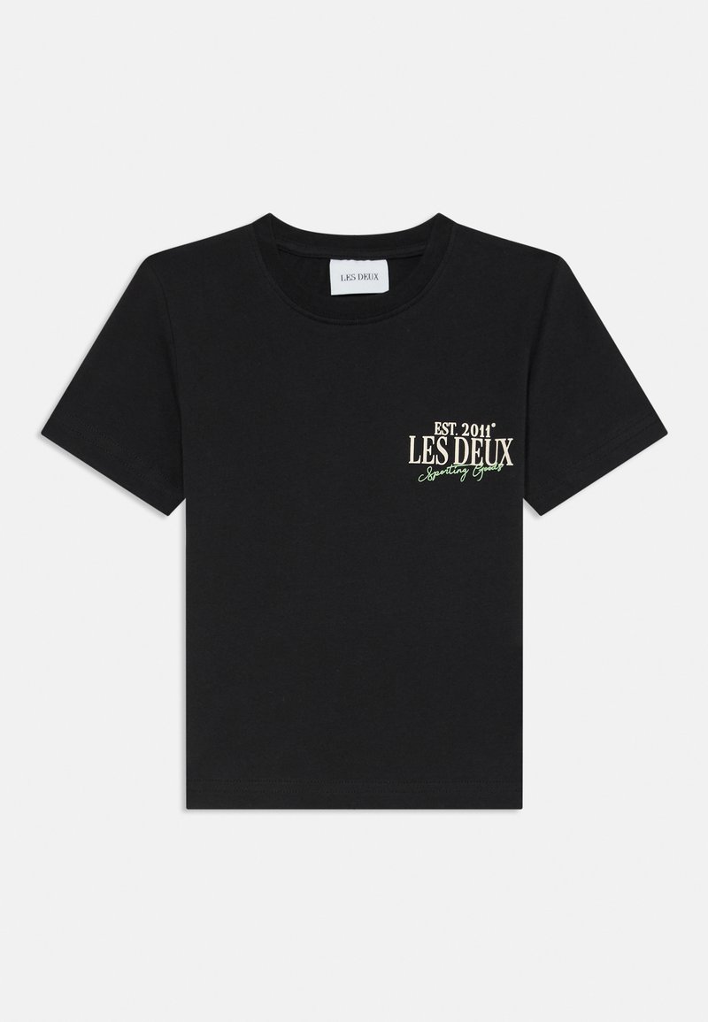 Schwarzes Baumwoll-T-Shirt mit Rundhalsausschnitt, kurzen Ärmeln und einem Frontlogo mit der Aufschrift "EST. 2011* LES DEUX" in cremefarbenen und grünen Akzenten.