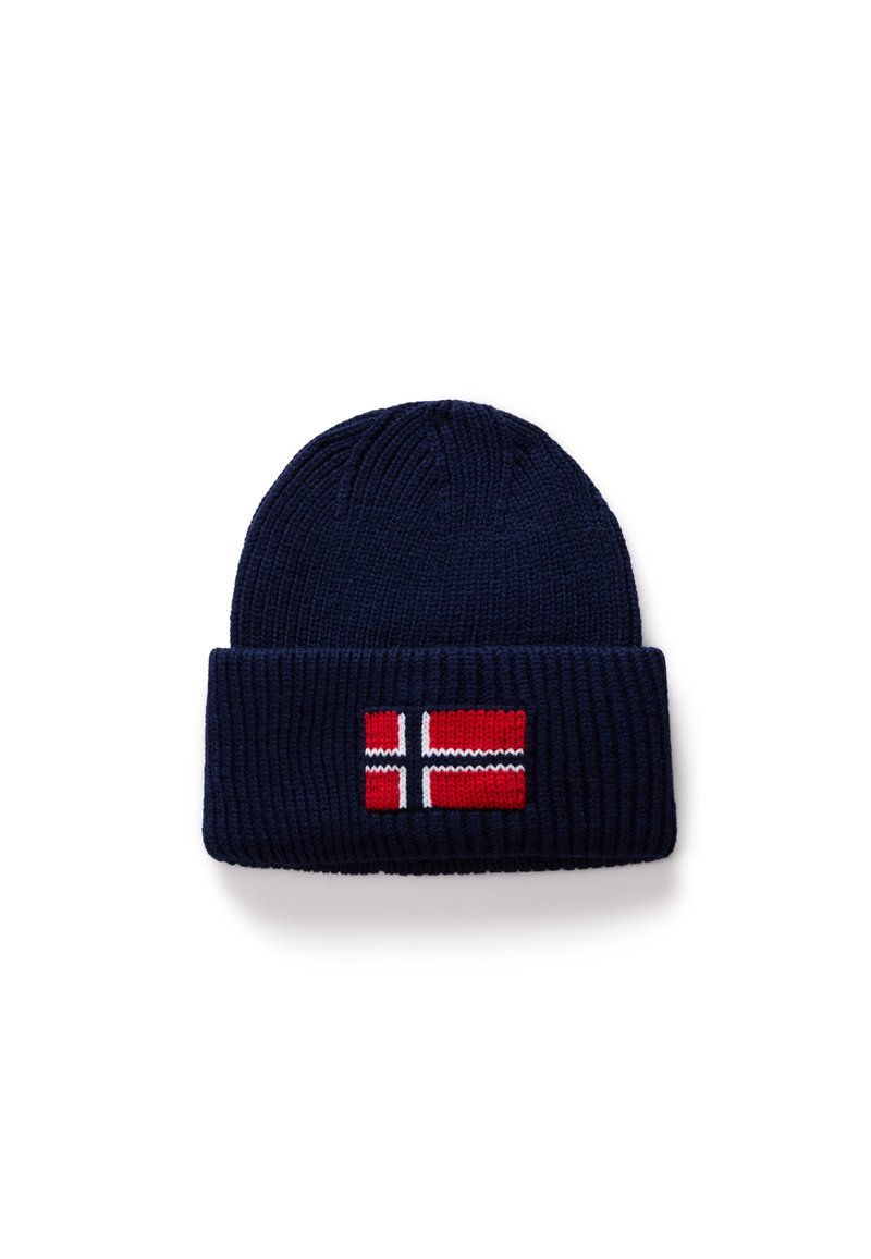Navy knitted beanie with a ribbed texture. Features a decorative Norwegian flag patch in red, white, and blue on the front cuff.