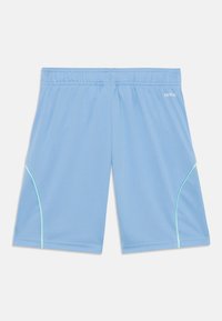 Pantaloni sportivi azzurri chiari con una vita elasticizzata e piping verde menta a contrasto lungo i lati. Tessuto liscio e leggero.
