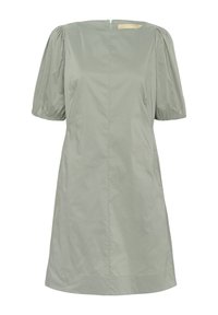 Ljusgrön kortärmad klänning med rund halsringning, plisserade puffärmar och dold dragkedja bak. Mjuk, lättviktsmaterial.