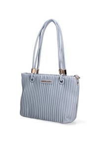 Borsa a soffietto blu chiaro con manici doppi, hardware in tono oro e targhetta con logo; presenta una chiusura a zip e una superficie texturizzata.