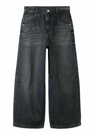Zwarte jeans met een hoge taille en wijde pijpen, met voorzakken, knoopsluiting en subtiel vervaagde details op een witte achtergrond.