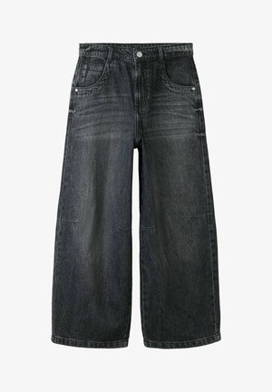 Jean denim noir taille haute à jambes larges, avec poches avant, fermeture par boutons et détails légèrement délavés sur fond blanc.