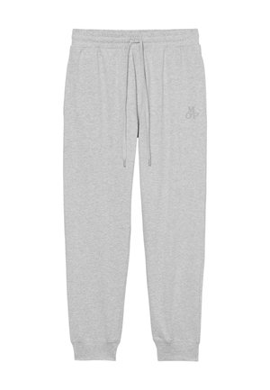 Pantalons de jogging en coton gris avec une taille élastique et un cordon de serrage. Présente des chevilles côtelées et un petit logo sur la cuisse gauche.