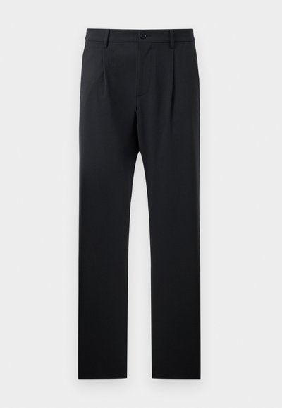 Schwarze Hosen mit maßgeschneiderter Passform, die eine glatte Textur, gerade Beine und einen einzelnen Knopfverschluss an der Taille aufweisen.