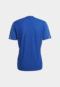 T-shirt de sport bleu en tissu texturé et respirant. Manches courtes et encolure arrondie. Accents blancs sur les manches.