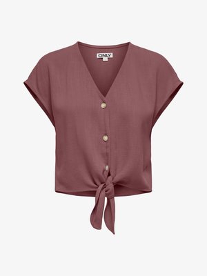 Blusa malva a maniche corte con scollo a V, bottoni frontali e nodo annodato all'orlo.