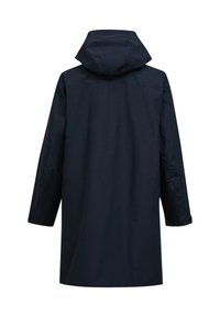 Marine waterdichte jas met capuchon, met een rechte snit, lange mouwen en een gladde, matte textuur.