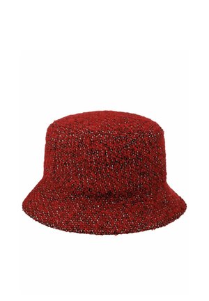 Red textured bucket hat with a slightly flared brim, knitted with black and white speckled yarn throughout.