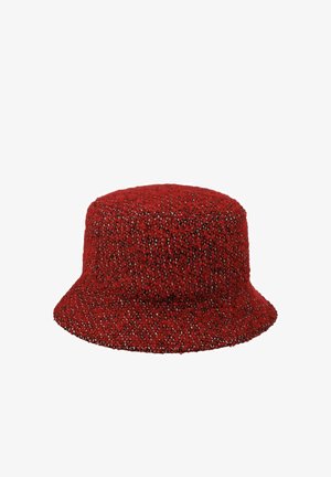 Red textured bucket hat with a slightly flared brim, knitted with black and white speckled yarn throughout.