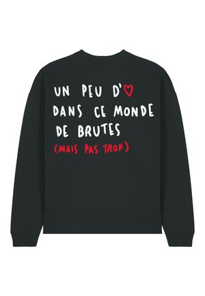 Sweat-shirt noir avec un texte blanc et rouge au dos. Le texte inclut un symbole de cœur, avec un col rond décontracté et des poignets côtelés.