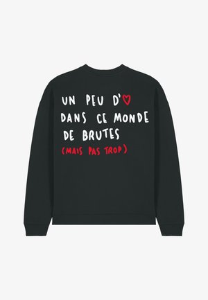 Felpa nera con testo bianco e rosso sul retro. Il testo include un simbolo a forma di cuore, con collo a girocasco e polsini a costine.