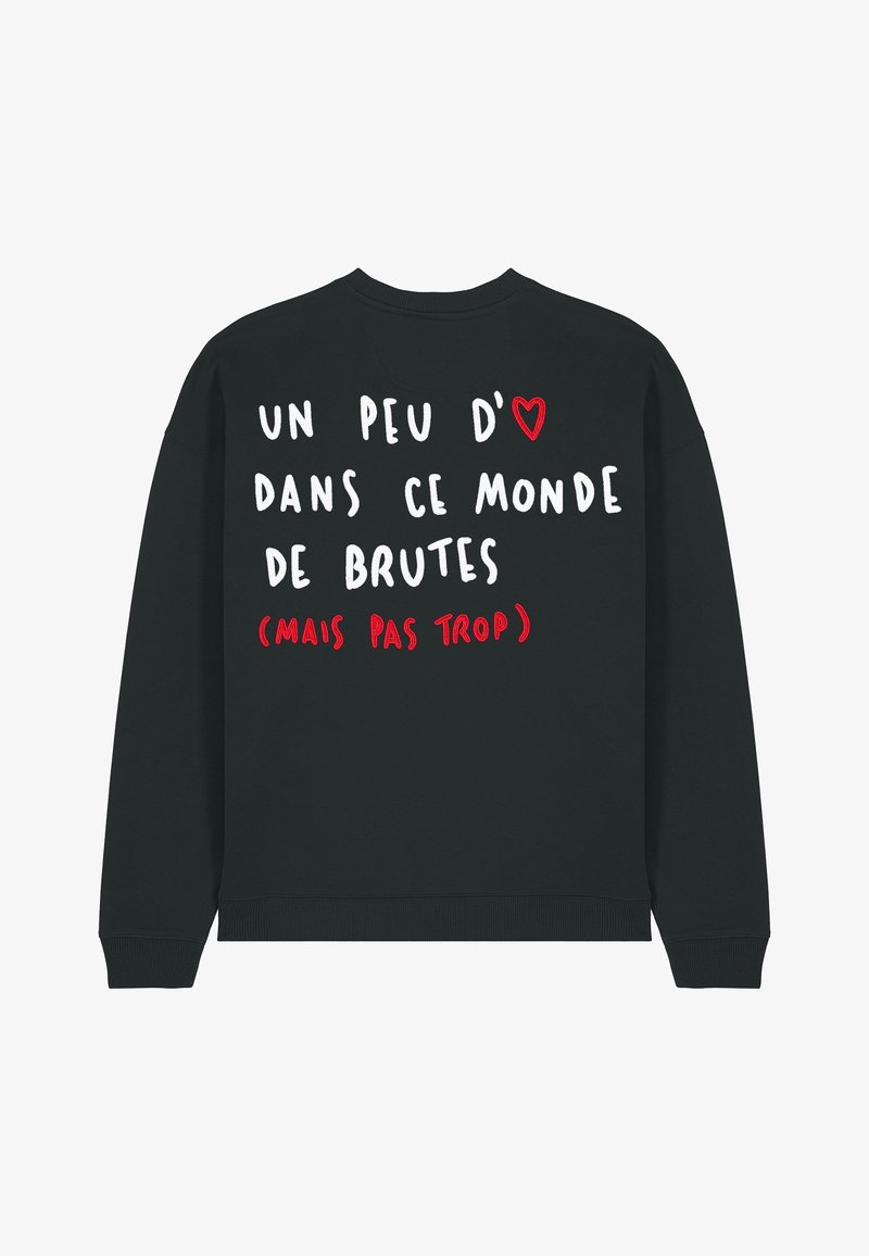 Felpa nera con testo bianco e rosso sul retro. Il testo include un simbolo a forma di cuore, con collo a girocasco e polsini a costine.