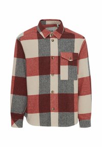 Plaid shirt in red, gray, and beige tones. Features a button-up front, collar, and single chest pocket with a buttoned flap. Soft fabric texture.