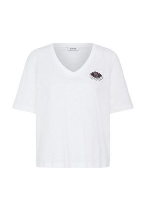Biela krátky rukáv, V-výstrih tričko s malým vyšívaným dizajnom oka na ľavej strane hrudníka.