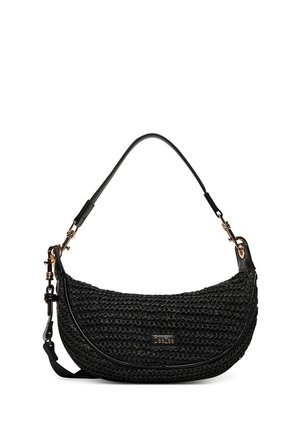 Schwarze, gewebte Handtasche in Halbmondform mit zwei verstellbaren Henkeln und goldfarbenen Beschlägen, vorne mittig mit der Marke "DeeZee".