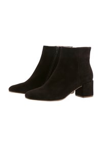 Pair of black suede ankle boots with side zipper and block heel on a white background.
