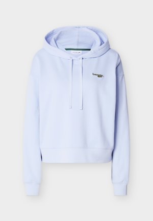 Svetlofialová mikina s kapucňou, dlhými rukávmi, sťahovacími šnúrkami a malým logom Lacoste na hornej ľavej strane hrudníka.