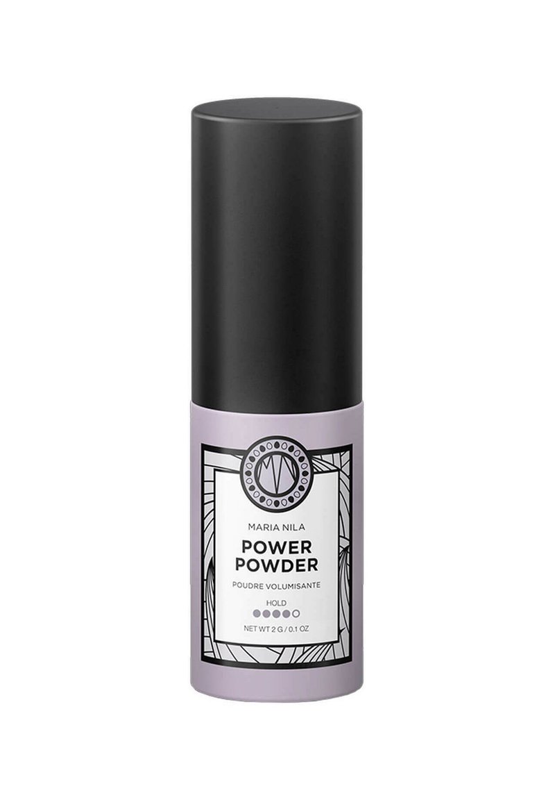 Lila zylindrischer Behälter mit einer mattschwarzen Kappe. Das Vorderetikett zeigt fettgedruckten Text und dekorative schwarze Linienmuster. Volumen 2g.