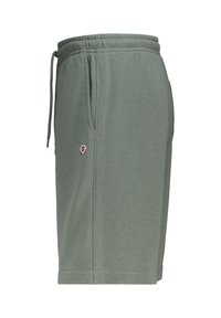 Pantaloni corti di cotone verde chiaro con vita regolabile tramite cordoncino, tasche laterali e un piccolo logo accanto all'anca. Texture liscia.