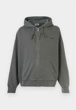 Grauer Reißverschluss-Hoodie aus weichem Baumwollmix, mit einer Kapuze mit Kordelzug, seitlichen Taschen und gerippten Bündchen. Markenlogo auf der Brust.
