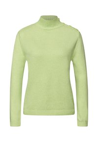 Vaaleanvihreä neulottu neulepaita, jossa on korkea ribbineuloskaulus ja pitkät hihat. Olkapäässä on napit ja alahelmassa ribbineulosta, joka tuo tekstuuria.