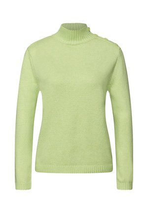 Svetle zelený pletený svetr s vysokým žebrovaným límcem a dlouhými rukávy. Má knoflíky na rameni a žebrovaný lem pro texturu.