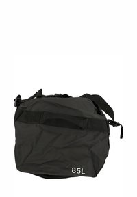 Sac de sport noir en tissu durable, avec une grande ouverture, une poignée tissée et une sangle d'épaule réglable. L'étiquette de taille indique "85L".