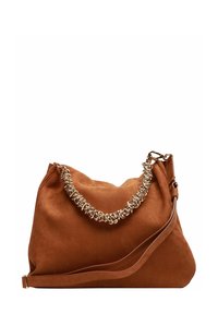 Borsa hobo in pelle marrone con manico a catena, texture morbida, design morbido e tracolla regolabile.