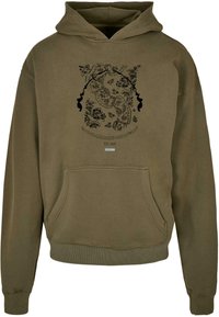 Khaki bluza z kapturem wykonana z wytrzymałej mieszanki bawełny; posiada przednią kieszeń, ściągacze u rękawów oraz czarny kwiatowy wzór na klatce piersiowej.