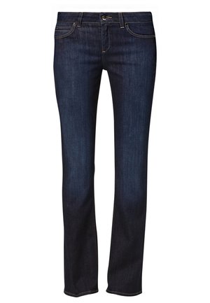 Dark blue straight-leg jeans in cotton denim, featuring a front button closure, five pockets, and contrasting stitching along the seams.