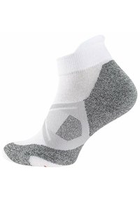 Calzini alla caviglia con un upper bianco e accenti grigi a motivo. Realizzati in un tessuto testurizzato con un tallone imbottito.