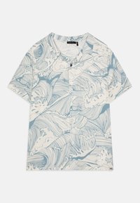 Kortermet skjorte i lyseblå og hvit, med bølgemønstre. Laget av myk stoff, med knappelukking foran og kragedesign.