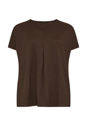 Top marron texturé à manches courtes avec col en V et pli central à l'avant, coupe ample, en tissu léger.