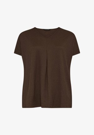 Top marrone texturizzato a maniche corte con scollo a V e piega centrale frontale, vestibilità ampia, realizzato in tessuto leggero.