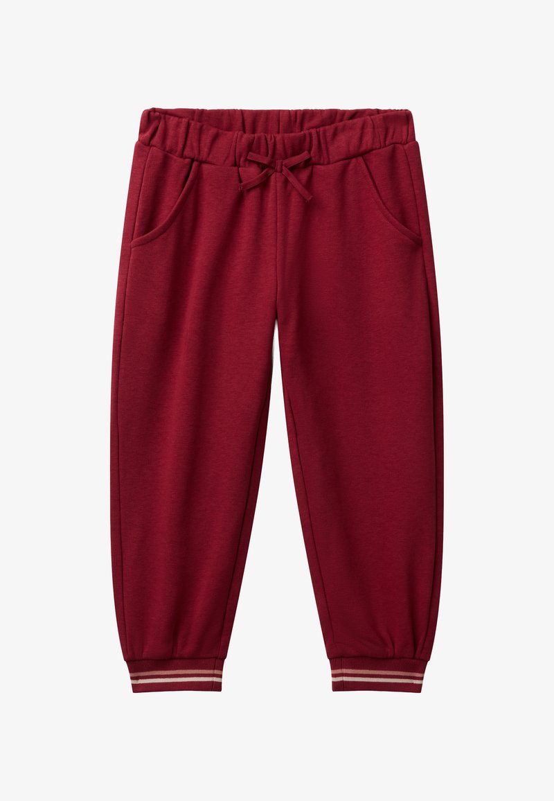 Bordeauxfarbene Jogginghosen mit elastischem Bund, Kordelzug, seitlichen Taschen und gerippten Bündchen mit zwei beigen Streifen.