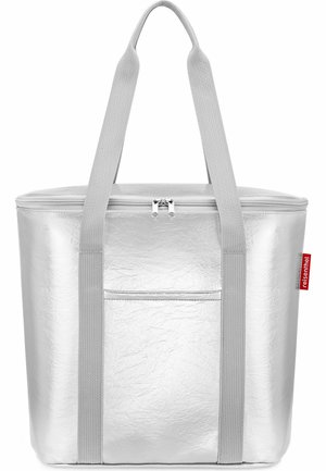 Borsa termica color argento con doppia zip, manici lunghi in tessuto grigio e una piccola tasca frontale, con etichetta "reisenhel" sul lato.