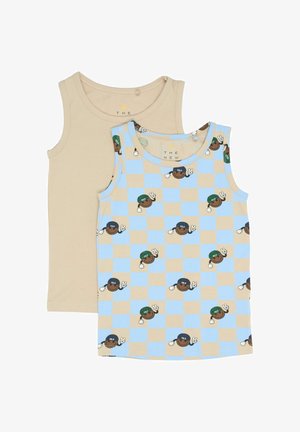 Dva majica bez rukava: jedna bež, a druga s plavim kariranim uzorkom na kojem su crtani likovi u šeširima koji mašu. Mekana pamučna tkanina.